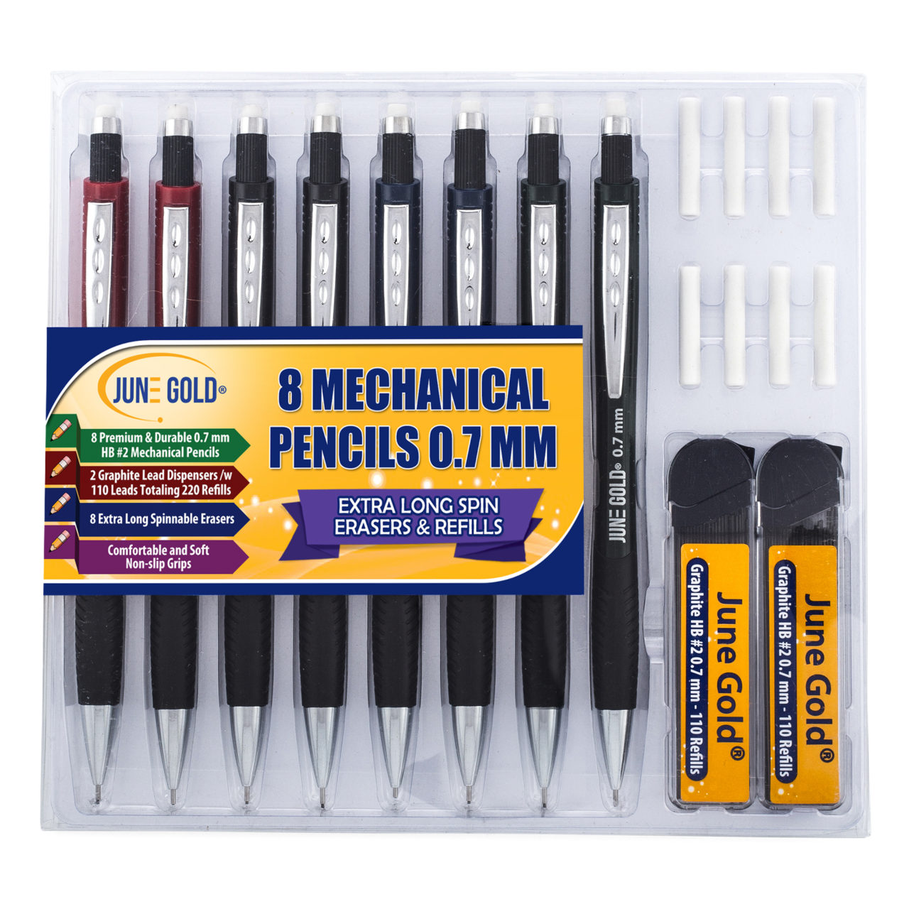8 Pack of 0.7 mm HB Graphite Mechanical Pencils June Gold