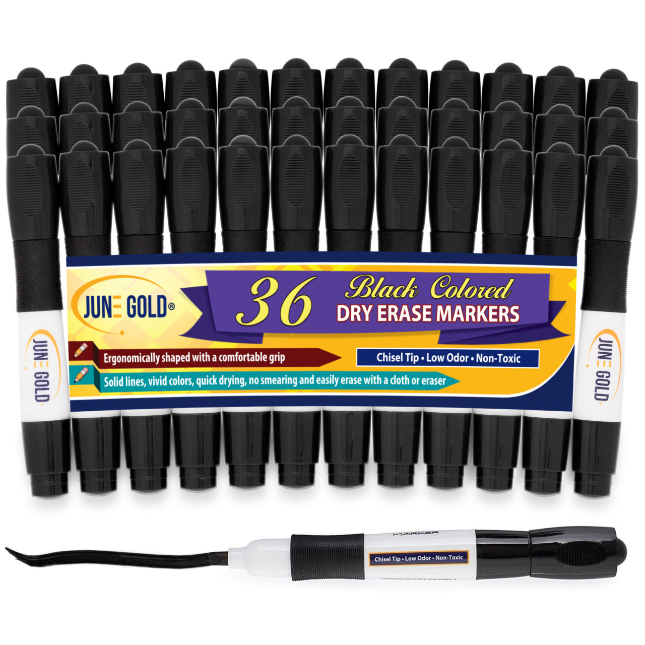 36 Pack of Black Chisel Tip Dry Erase Markers June Gold