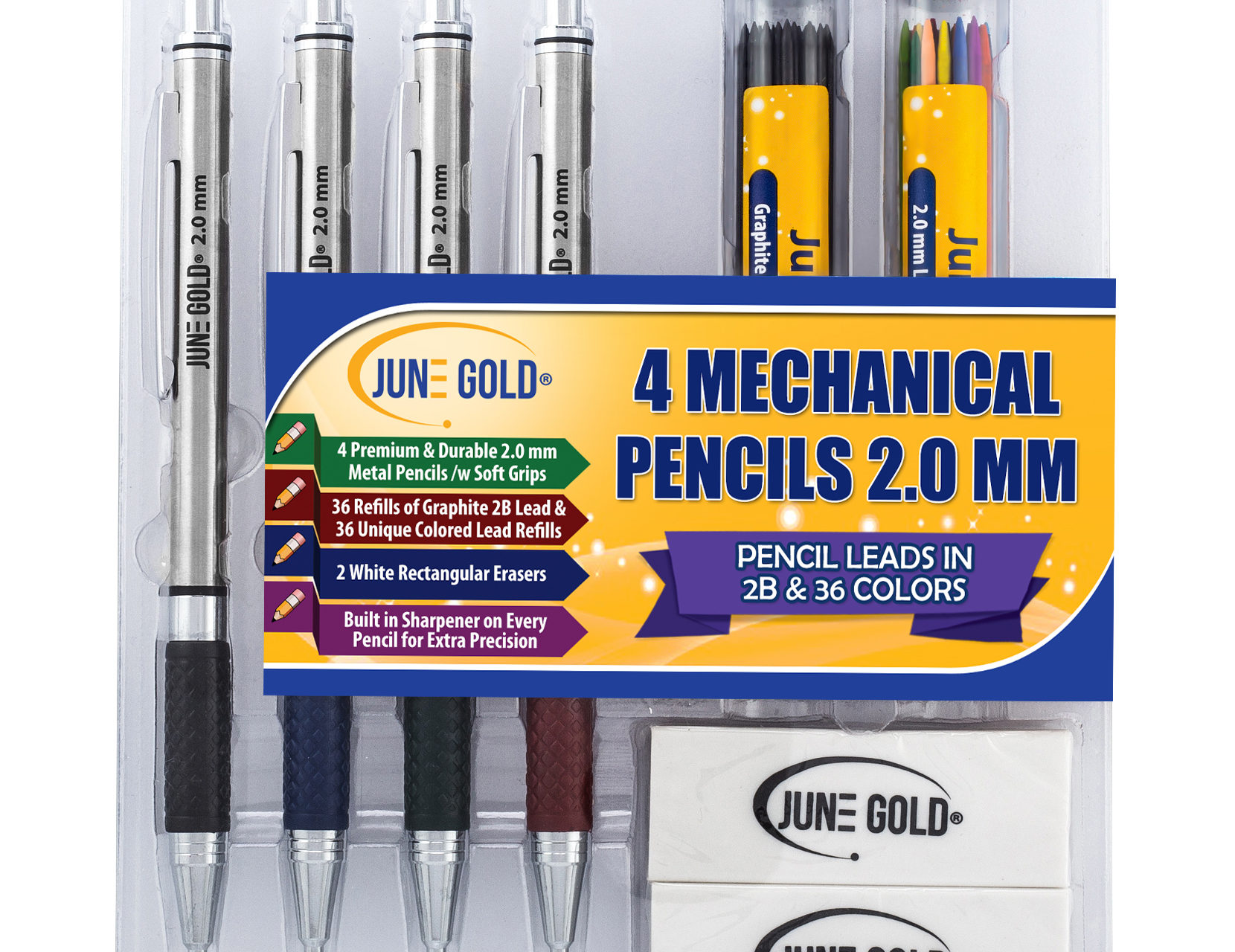 June Gold 2.0 mm Mechanical Pencils, Erasers and Refills