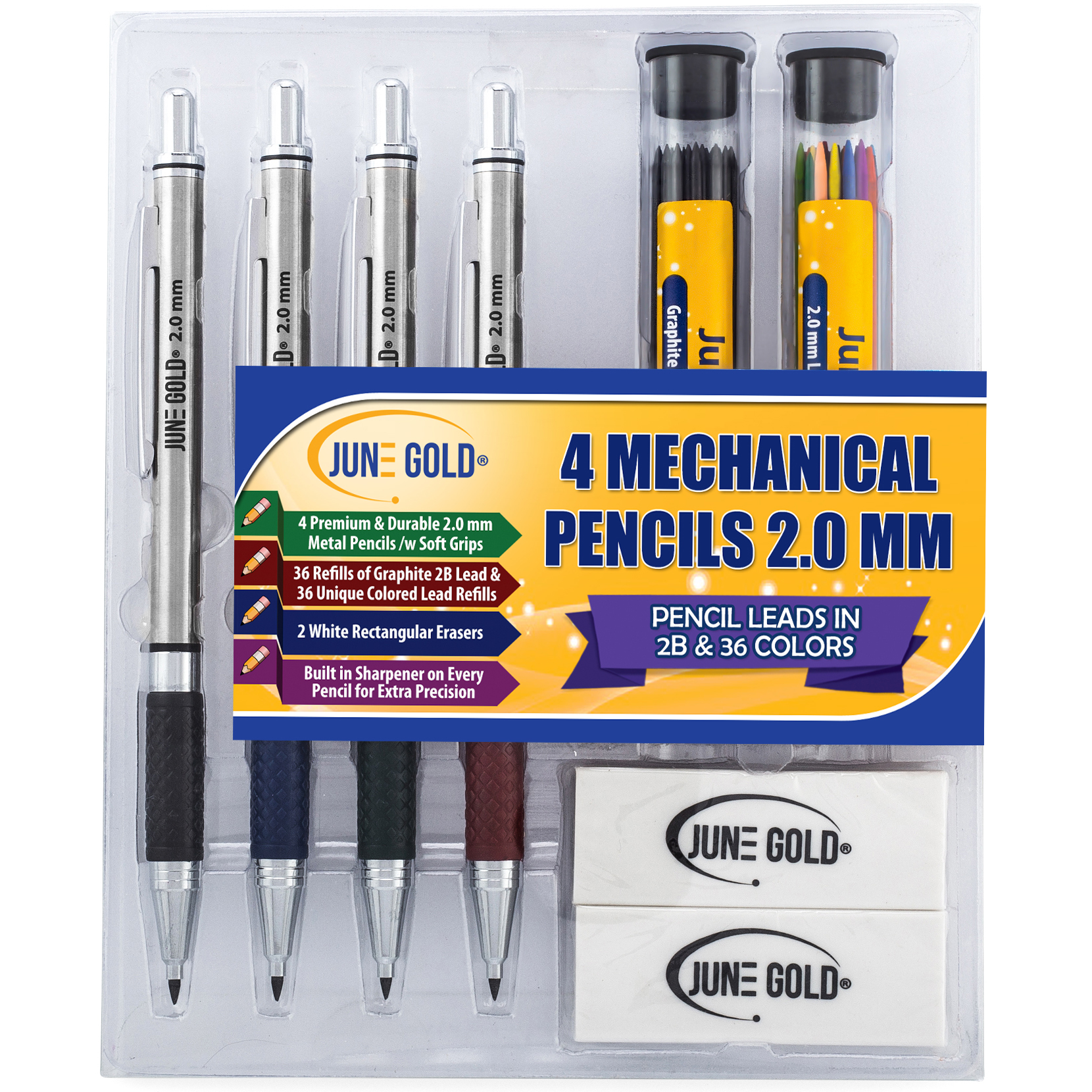 4 Pack of 2.0 mm 2B Graphite/Colored Mechanical Pencils June Gold