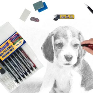 Picture of dog, hand drawing, and June Gold pencils, erasers, and graphite refills.