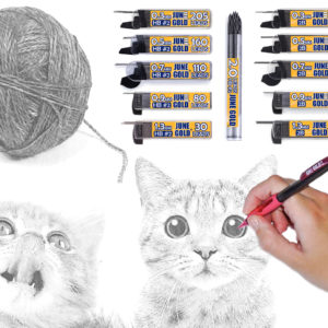 LeadRefills-Cats Picture of cats, yarn, hand drawing, and June Gold graphite refills.