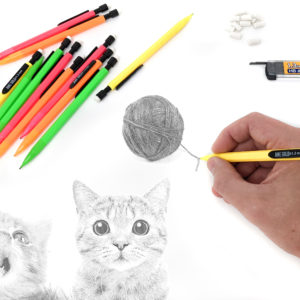Picture of cats, yarn, hand drawing, and June Gold graphite refills.
