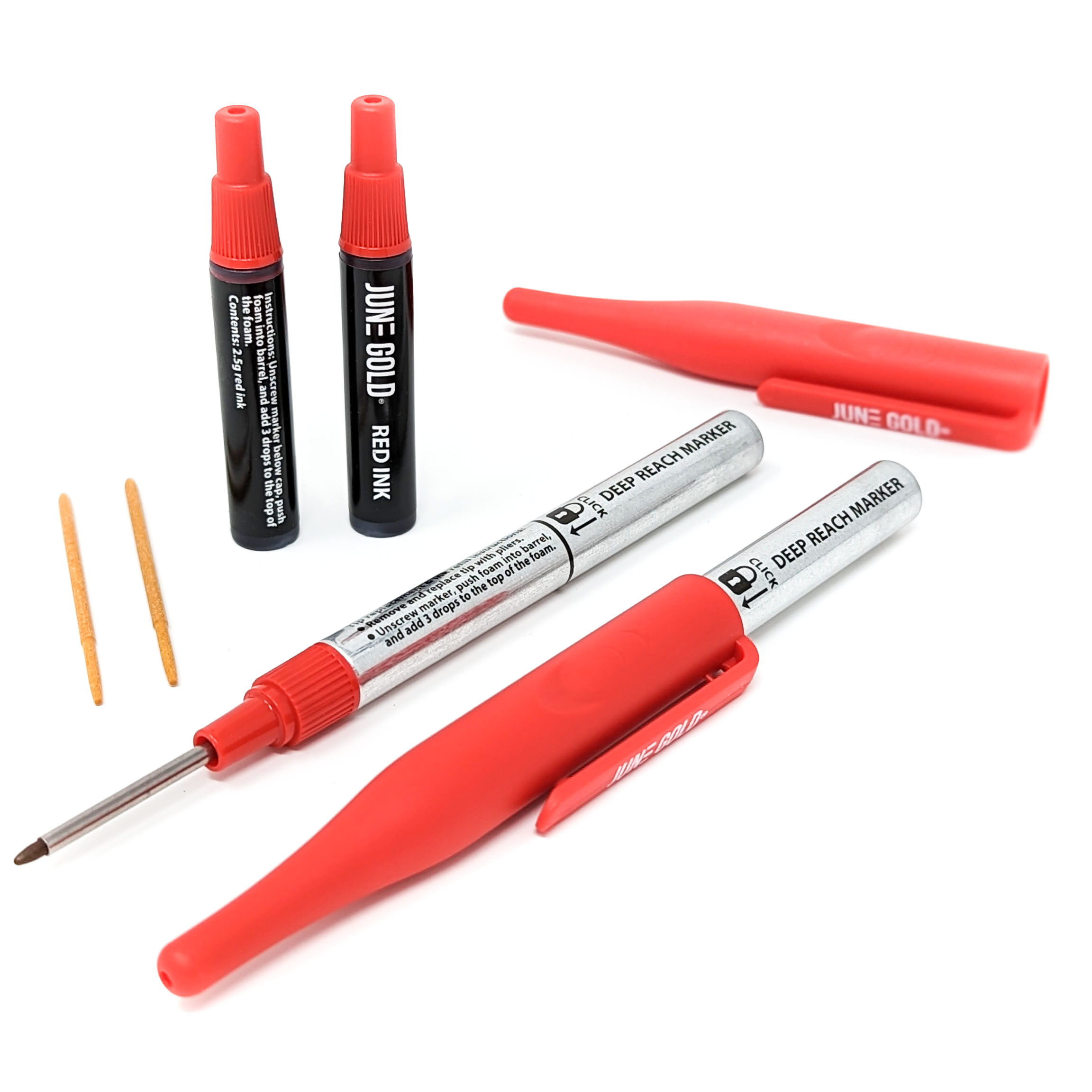 2 Red Deep Reach Markers, 2 Ink Refill Bottles, 2 Tip Replacements