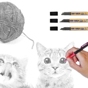 Picture of cats, yarn, hand drawing, and June Gold graphite refills.