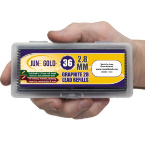 June Gold 2.8 mm graphite refills in packaging held in a hand